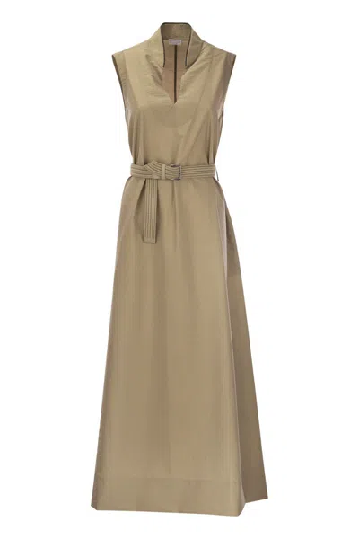 Brunello Cucinelli Monili-collar Raffia-belt Sleeveless Crinkle Cotton Maxi Dress