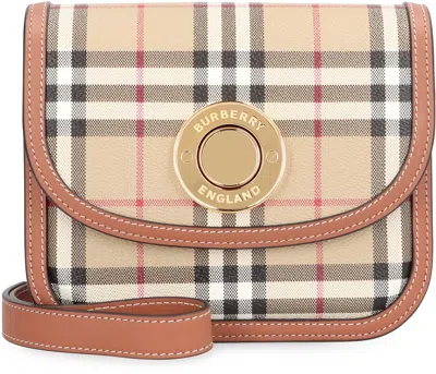 Burberry Tartan Motif Beige Mini Crossbody Handbag With Embellished Button Fastening