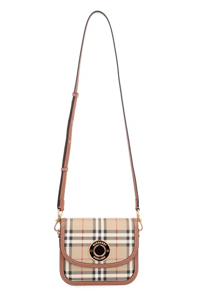 Burberry Tartan Motif Beige Mini Crossbody Handbag With Embellished Button Fastening