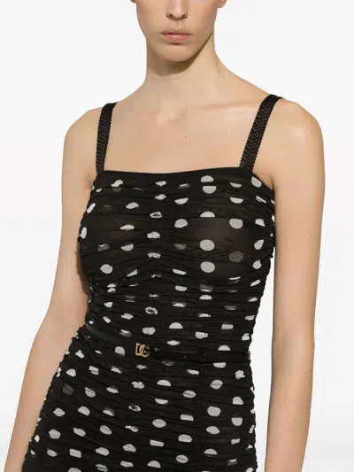 Dolce & Gabbana Polka Dot Print Draped Tulle Midi Dress