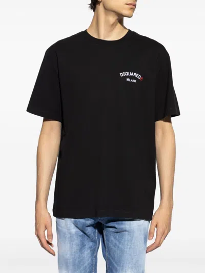 Dsquared2 Men Black Crew-neck T-shirt With Logo On The Front In Cotton Man