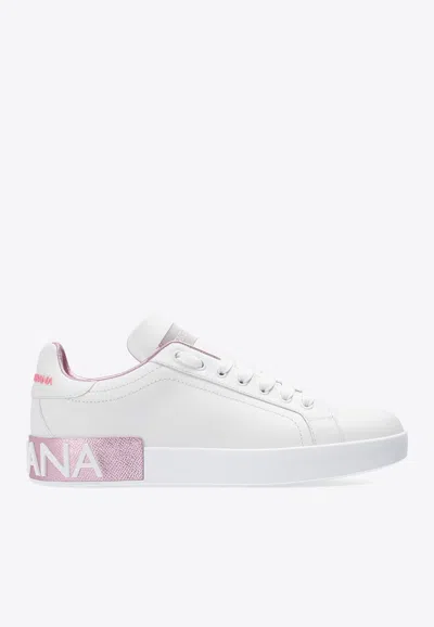 Dolce & Gabbana Portofino White And Pink Low Top Sneakers With Logo In Leather Woman In White
