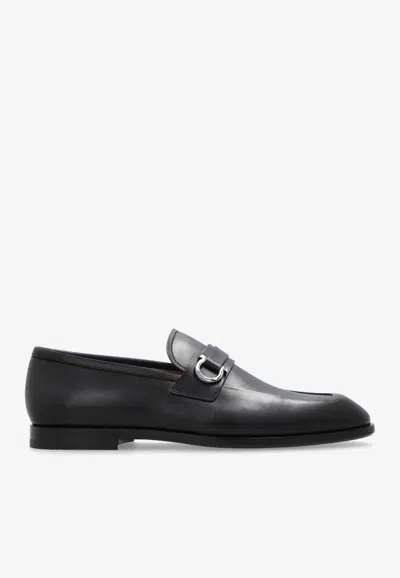 Ferragamo Black Gancini Plaque Leather Loafers - Men's - Calfskin/goat Skin/rubber In Navy