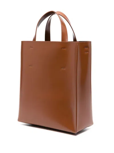Marni Structured Brown Calf Leather Shoulder Bag In Orange