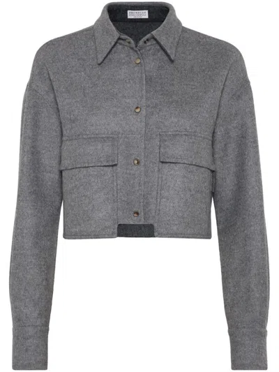 Brunello Cucinelli Virgin Wool Cropped Shirt Jacket In Multicolor