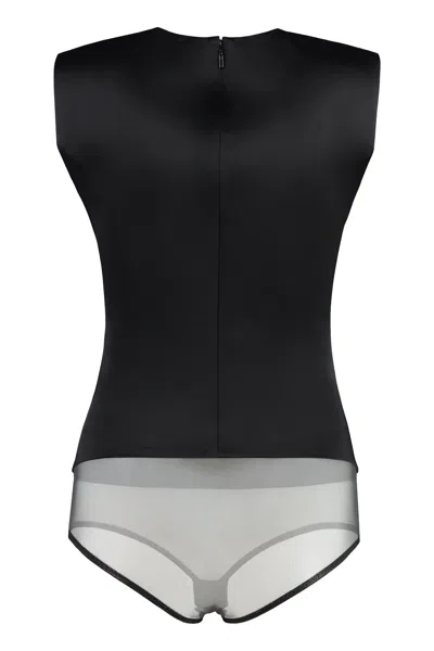 Versace V-neck Bodysuit With Sheer Panel And Knot Detail In Black