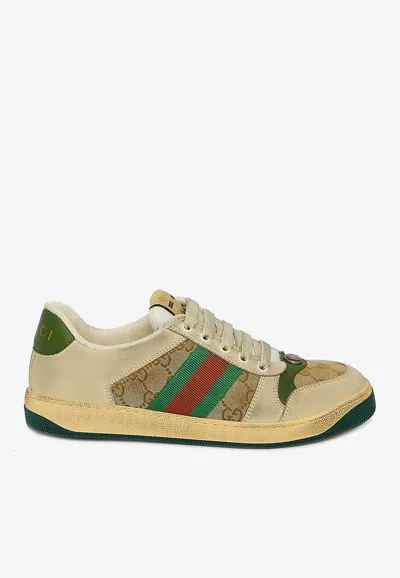Gucci Gg Original Fabric And Leather Sneakers With Lateral Web Band In Multicolor