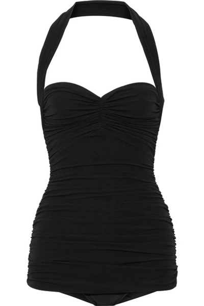 Shop Norma Kamali Bill Mio Ruched Halterneck Swimsuit In Black