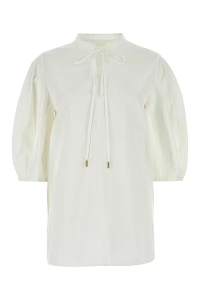 Chloé Cotton Keyhole Puff Sleeve Tie Neck Top In White