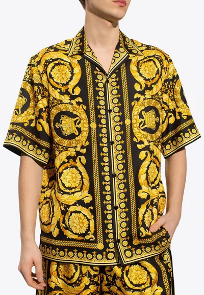 Versace Informal Shirt Silk Twill Fabric Barocco Print In Yellow