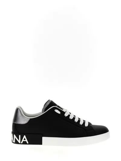 Dolce & Gabbana Portofino Sneakers In Black Leather With Silver Inserts In Black