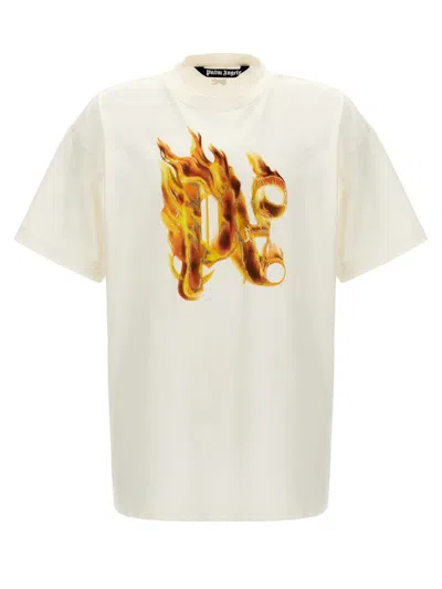 Palm Angels Burning Monogram Metallic Logo-print Cotton-jersey T-shirt In White