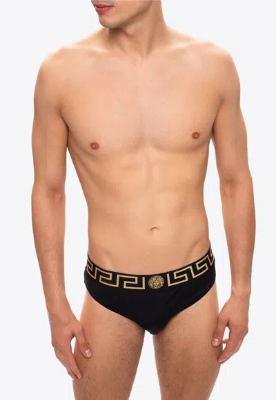 Versace Greca Border Swim Briefs In Black