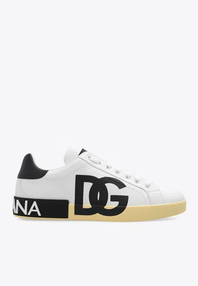 Dolce & Gabbana Calfskin Nappa Portofino Sneakers With Dg Logo Print In White