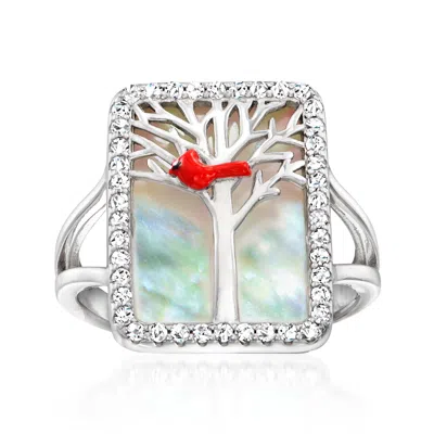 Ross-simons Mother-of-pearl And White Topaz Cardinal Ring With Multicolored Enamel In Sterling Silver In White