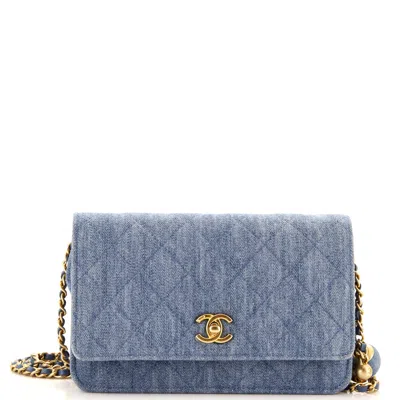 Pre-owned Chanel Pearl Crush Wallet On Chain Quilted Denim In Blue