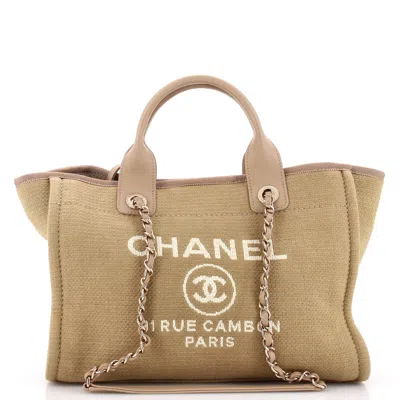 Pre-owned Chanel Deauville Nm Tote Mixed Fibers Small In Beige