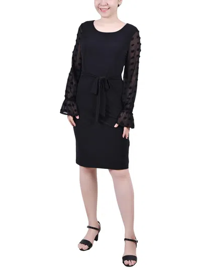Ny Collection Plus Size Long Chiffon-sleeve Knit Dress In Black