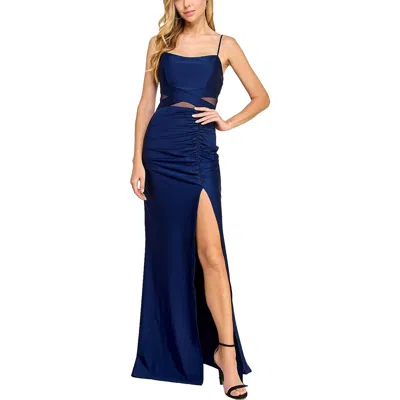 Emerald Sundae Juniors' Mesh-panel Side-slit Gown, Created For Macy's In Blue