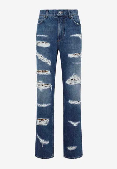 Dolce & Gabbana Distressed Jeans With Leo Print In Blue