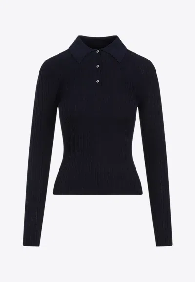 Theory Slim Ribbed Dark Navy Viscose Polo In Blue