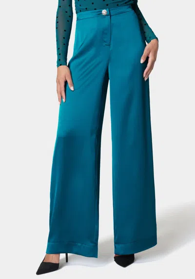 Bebe High Waist Satin Wide Leg Pant In Deep Lagoon