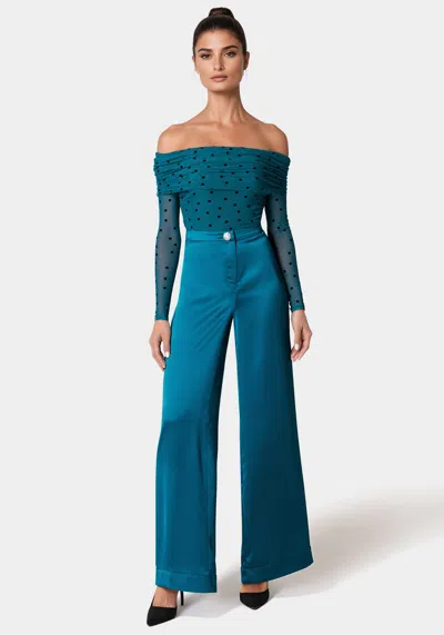 Shop Bebe High Waist Satin Wide Leg Pant In Deep Lagoon
