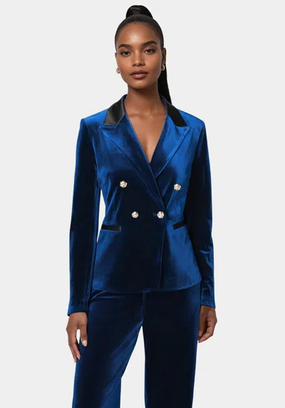 Bebe Double Breast Combo Satin Velour Blazer In Galactic Cobalt