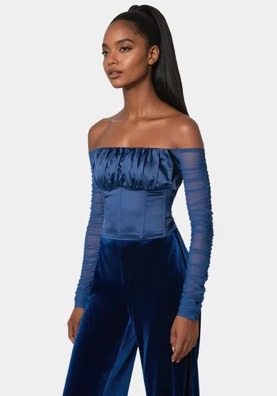 Bebe Off Shoulder Satin Corset In Galactic Cobalt