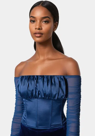 Bebe Off Shoulder Satin Corset In Galactic Cobalt