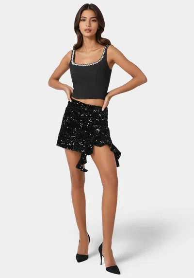 Shop Bebe Mini Sequin Ruffle Slit Skort In Black