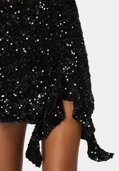 Bebe Mini Sequin Ruffle Slit Skort In Black