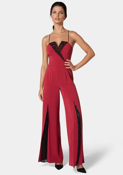 Bebe Tuxedo Lace Combo Ultra Wide Leg Jumpsuit In Biking Red,black