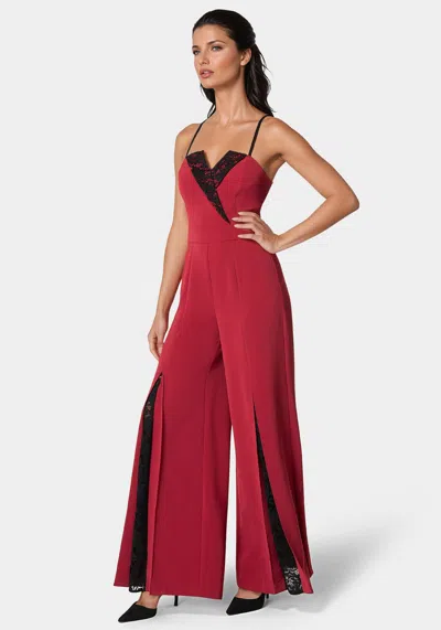 Bebe Tuxedo Lace Combo Ultra Wide Leg Jumpsuit In Biking Red,black