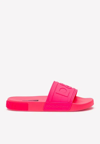 Dolce & Gabbana D&g Logo Fluorescent Rubber Beach Slides In Pink