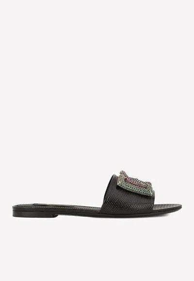 Dolce & Gabbana Crystal-logo Leather Slides In Black