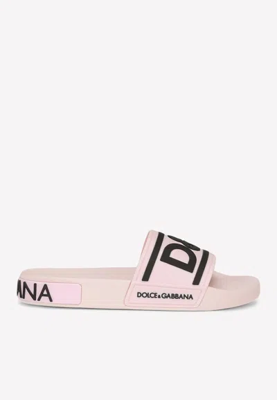 Dolce & Gabbana Dg Logo Beachwear Slides In Rubber In Pink