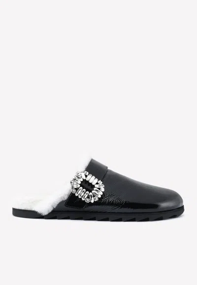 Roger Vivier Viv Crystal-embellished Shearling-lined Patent-leather Clogs In Black