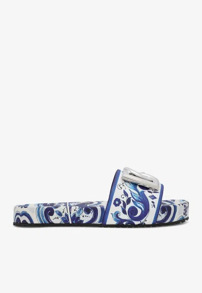 Dolce & Gabbana Calfskin Beachwear Sliders In Majolica-design Rubberized Calfskin In Blue