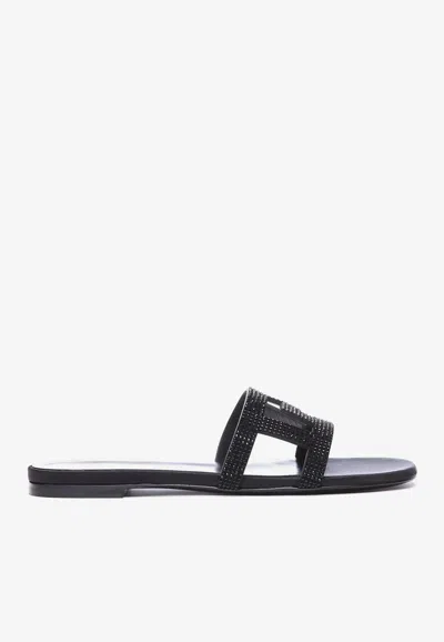 Versace Greca Maze Crystal Flat Sandals In Black