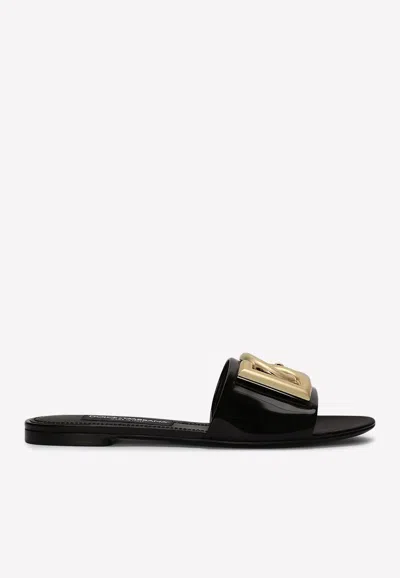 Dolce & Gabbana Logo-plaque Leather Slides In Black