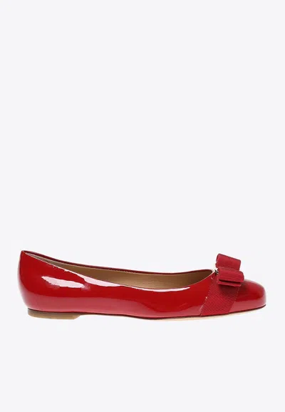 Ferragamo Varina Patent Leather Bow Ballerina Flats In Red