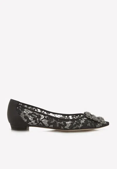 Manolo Blahnik Hangisiflat Lace Crystal Buckle Flats In Black