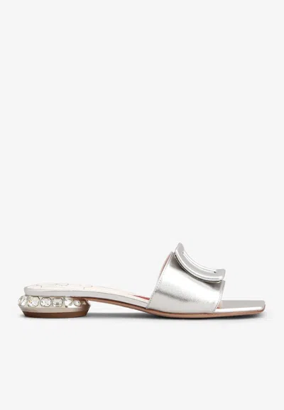 Roger Vivier Strass Heel Flat Mules In Nappa Leather In Silver