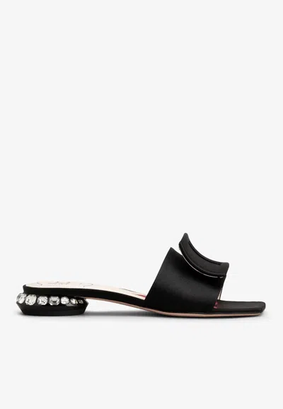 Roger Vivier Strass Heel Flat Mules In Satin And Leather In Black