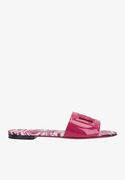Dolce & Gabbana Flat Sandals With Dg Logo Cut-out And Maioliche Print In Leather In Fuchsia