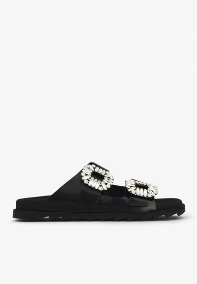 Roger Vivier Slidy Viv Crystal-embellished Leather Slides In Black