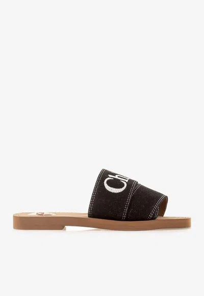 Chloé Woody Flat Logo Ribbon Slide Sandals In Black