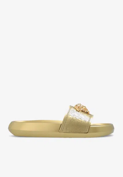 Versace La Medusa Metallic Rubber Slides In Gold