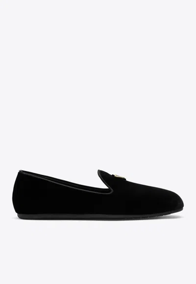 Prada Triangle Logo Velvet Loafers In Black